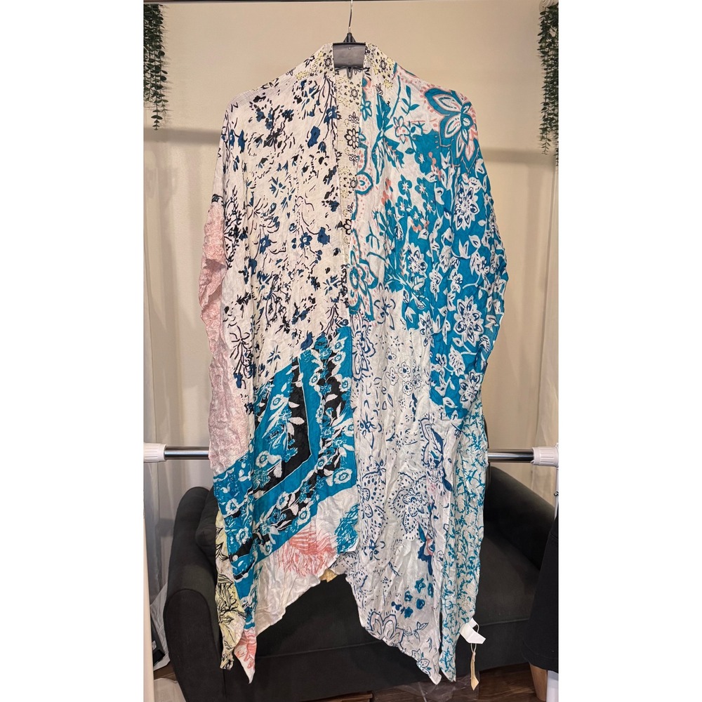 Beautiful Nomad Floral Patchwork Kimono Wrap Turquoise White One Size NEW